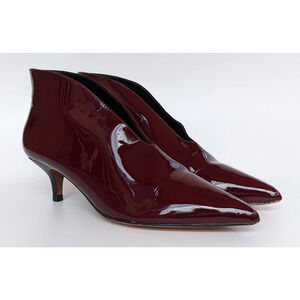 Celine Paris V Neck Polished Leather Kitten Heel Pumps Red Women's Size EU 39